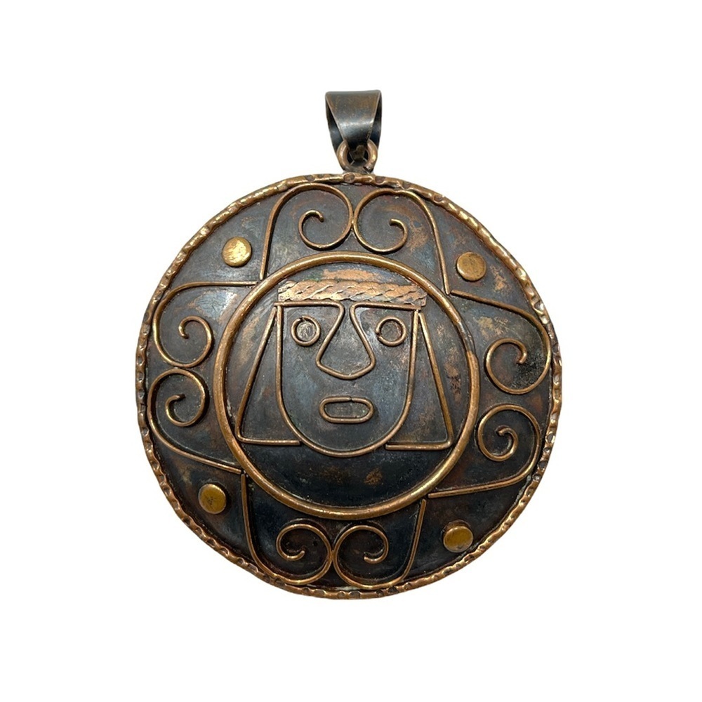 Vintage Artisan Tribal Face Pendant Mixed Metal Modernist Statement Pendant